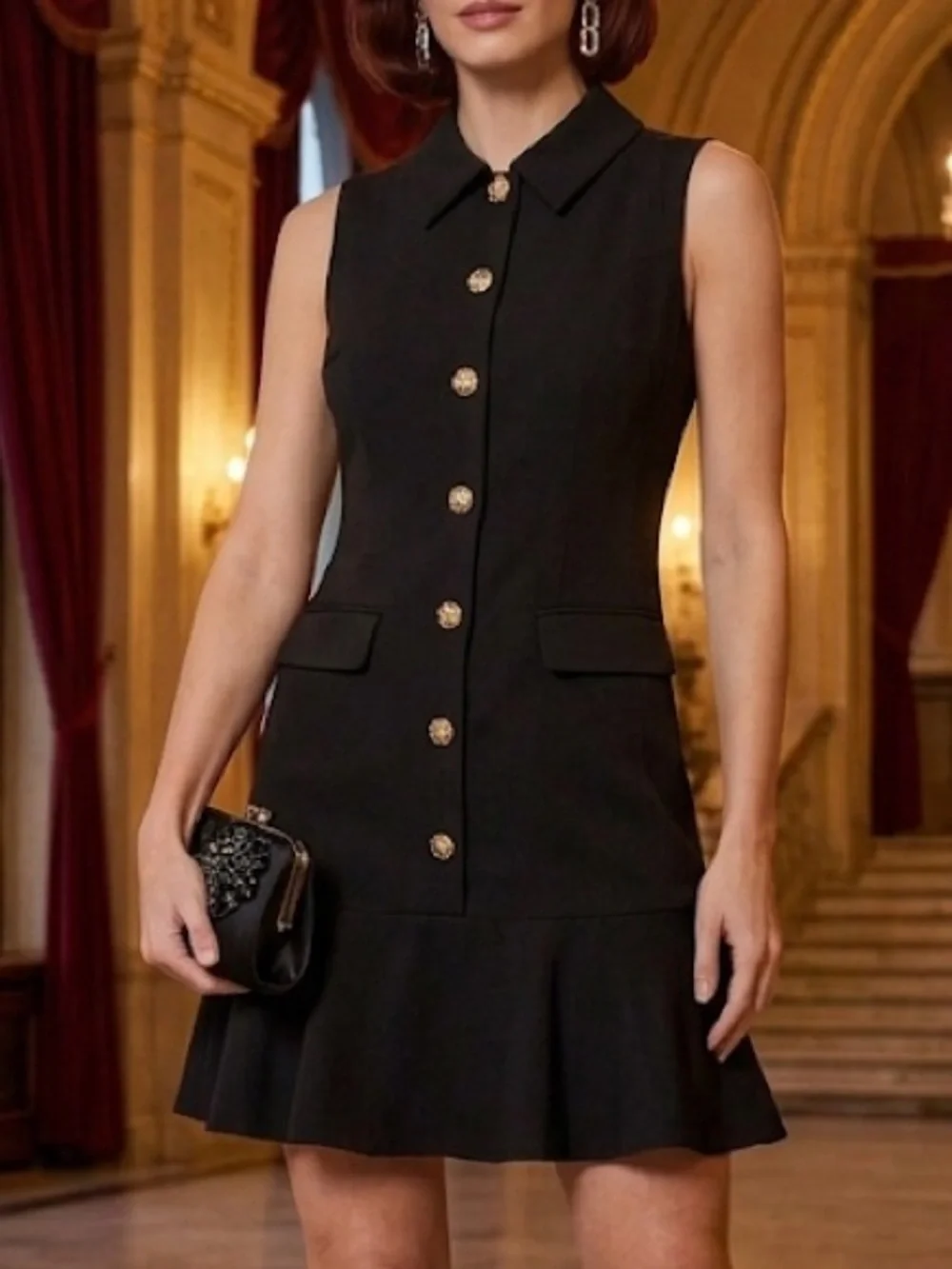 (NWT) KARL LAGERFELD- Black Sleeveless Button-Front Ruffle Hem Mini Dress 🖤 ✨ - Picture 2 of 16